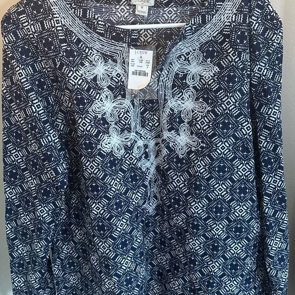 J. Crew Dark Blue Tunic with White Embroidery